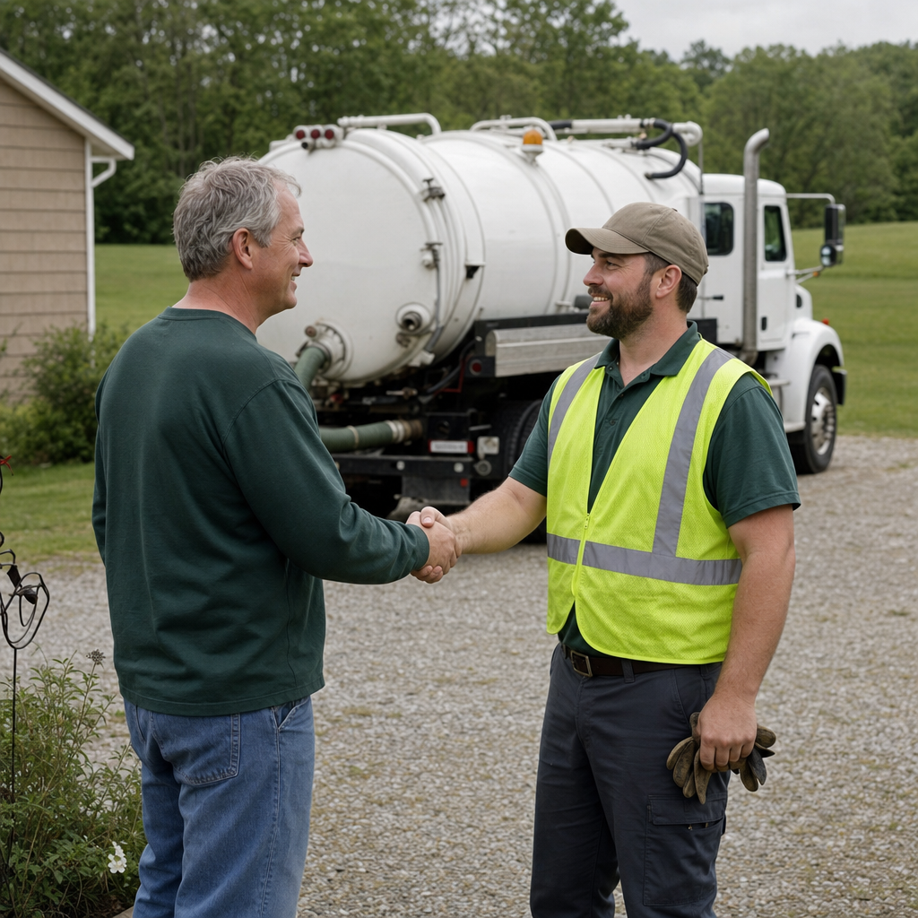 A septic technician shaking a Bakersfield homeowner's hand beside the service truck after a completed pump-out