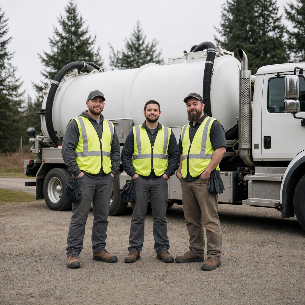 The Bakersfield septic pumping crew standing together beside their clean white vacuum truck on a residential street