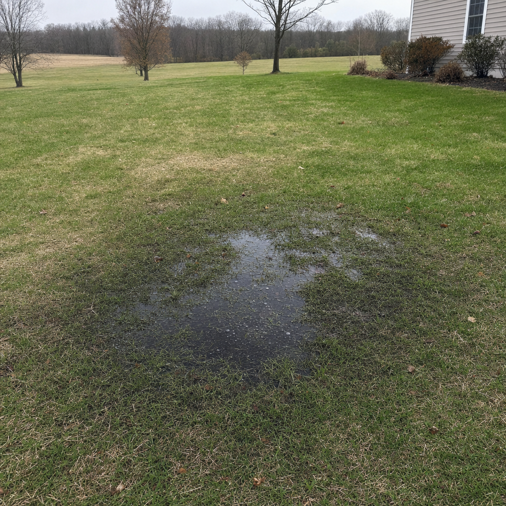 A dark, saturated wet spot in a Bakersfield backyard lawn marking a failing cesspool at capacity