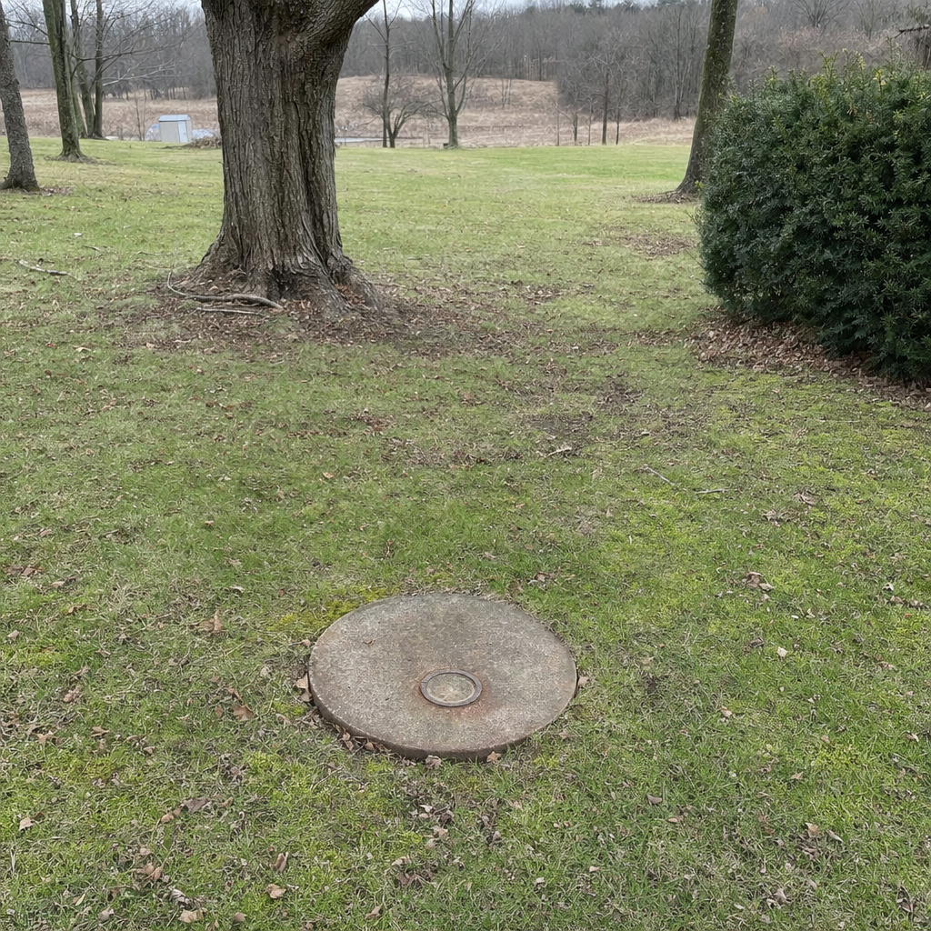 An older round cesspool access lid set flush in an established, mature Bakersfield backyard lawn
