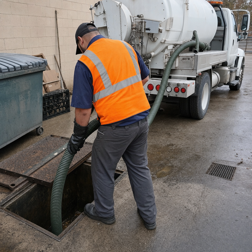Technician pumping a grease trap behind a Bakersfield restaurant