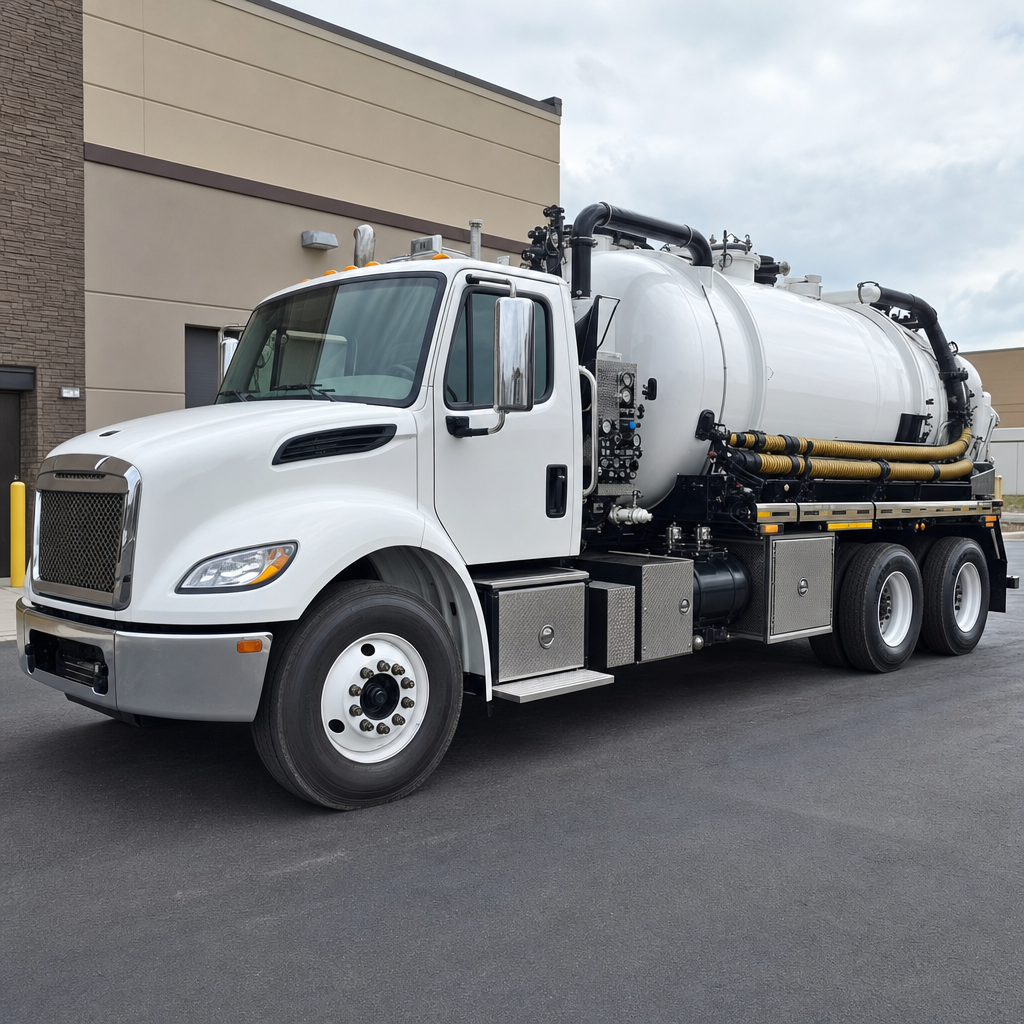 Commercial septic vacuum truck parked in a Bakersfield business parking lot