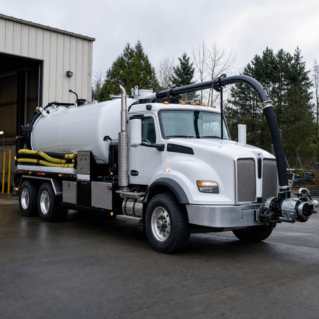 A clean white septic vacuum truck rolling out of a tidy Bakersfield service depot at the start of the day
