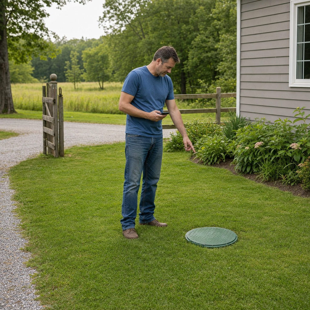 A Bakersfield-area homeowner standing in the backyard noting where the septic tank lid and access route are located