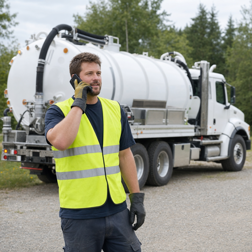 A friendly septic dispatcher holding a phone, ready to answer a Bakersfield homeowner's call about a pump-out