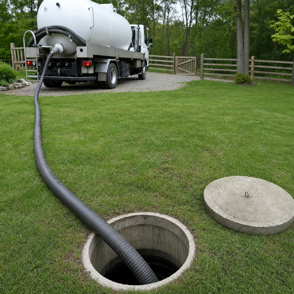 Suction hose connected to an open septic tank, drawing it down in a tidy Bakersfield yard