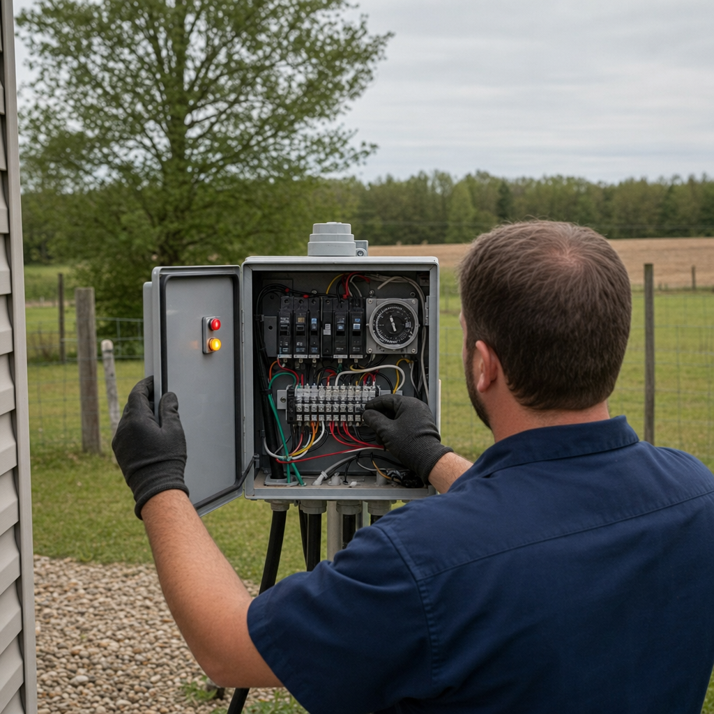 Technician checking an aerobic septic control box with a lit red high-water alarm during a same-day Bakersfield visit