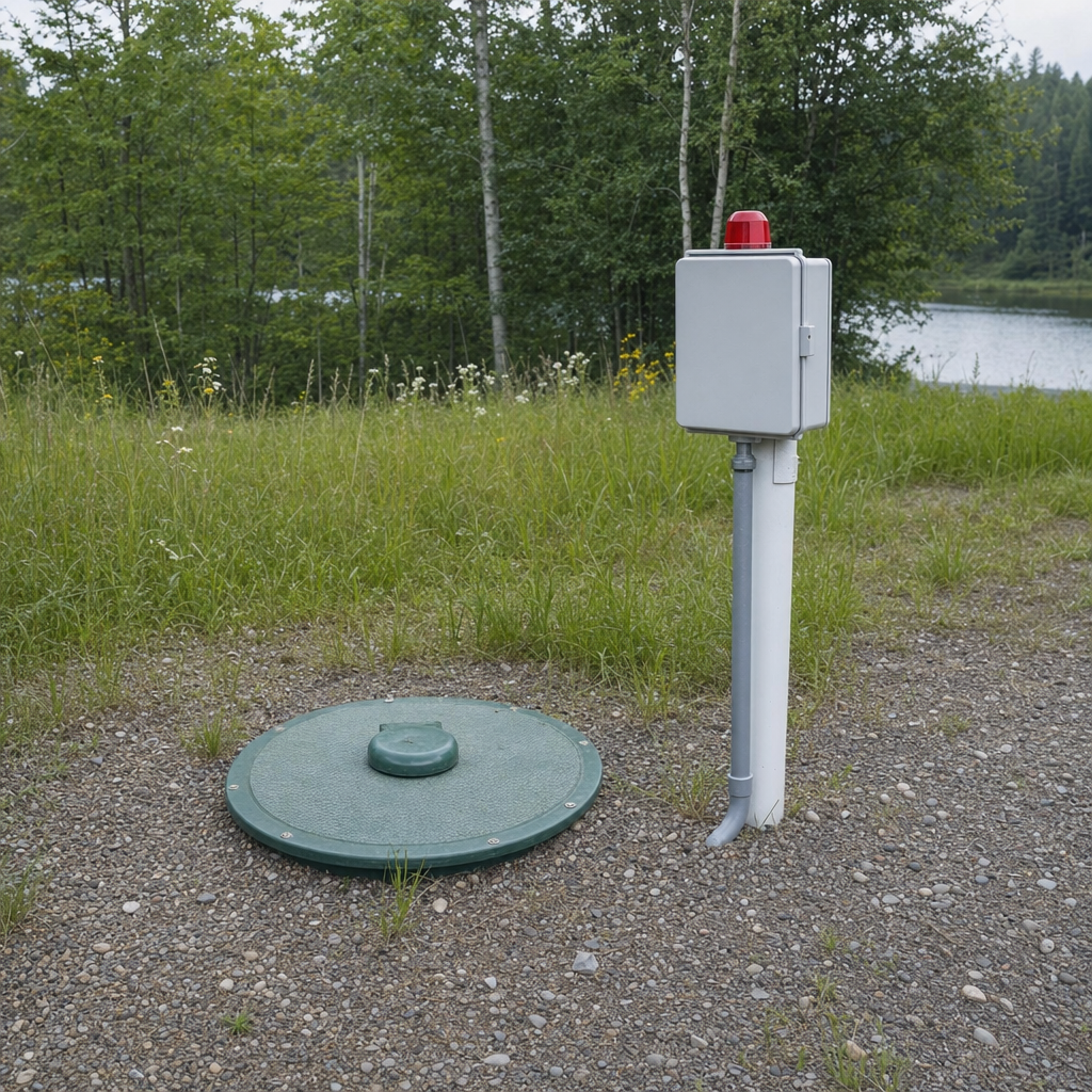 A wastewater holding tank access lid set in the ground at a rural Bakersfield-area cabin, with a mounted high-level float alarm panel nearby