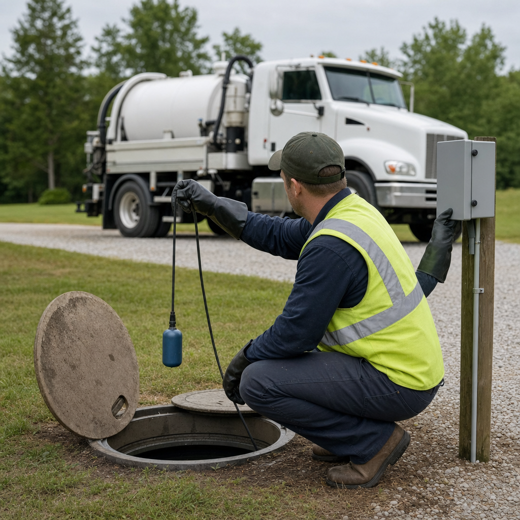 A septic technician in a high-visibility vest checking a high-level float switch and alarm panel on a holding tank at a rural Bakersfield-area site