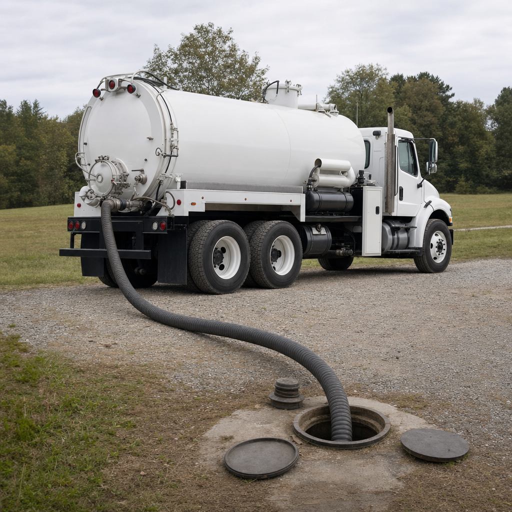 An unmarked white vacuum truck emptying a wastewater holding tank on a scheduled visit at a rural Bakersfield-area property, thick suction hose running to the tank lid