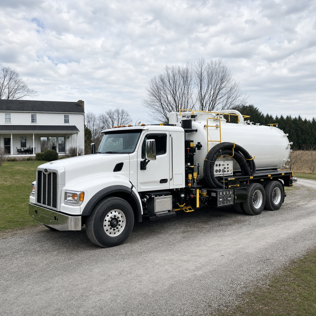 A clean white septic vacuum truck parked on a tidy Bakersfield driveway with the suction hose neatly coiled