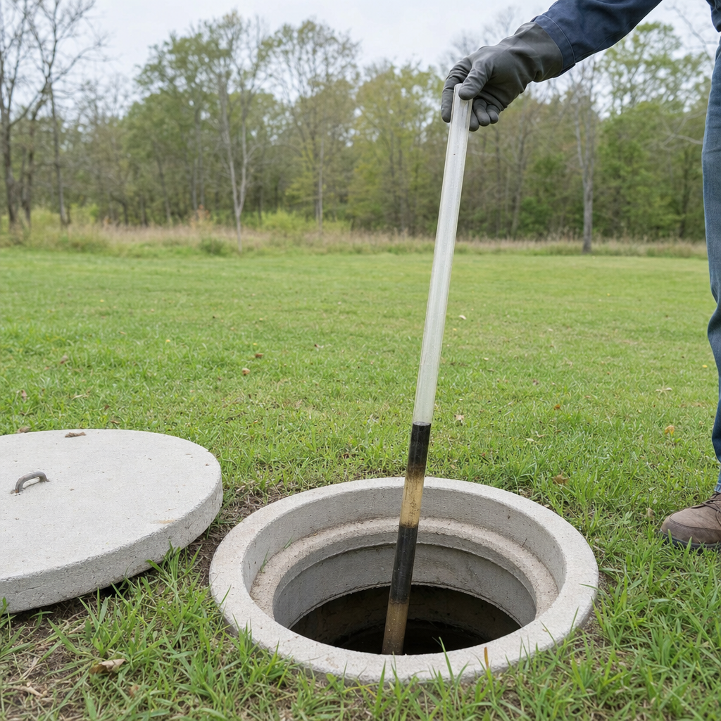A septic sludge-judge measuring stick lowered into an open Bakersfield septic tank to read the depth of the sludge and scum layers before deciding whether a pump-out is due