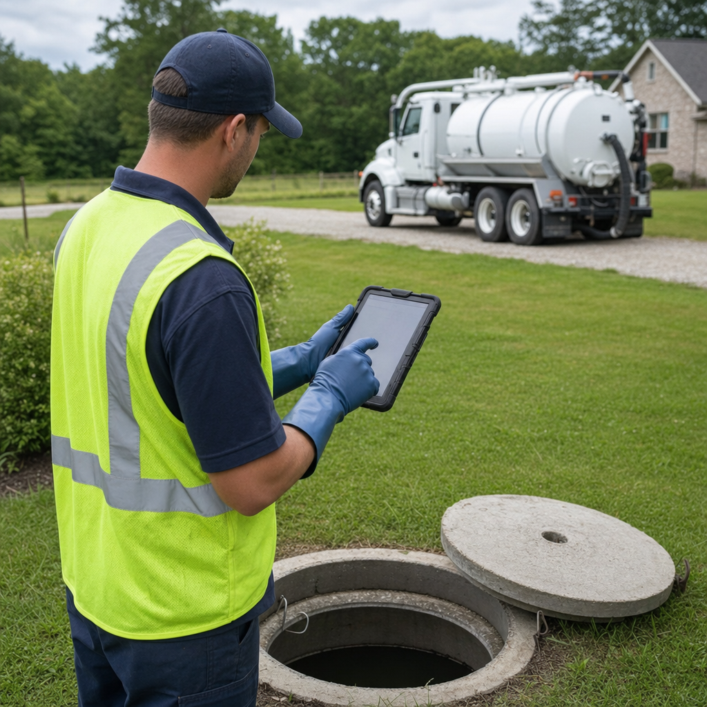 A septic technician recording a Bakersfield home's pump-out date and tank condition on a tablet beside an open access lid, tracking the service history that sets the next due date