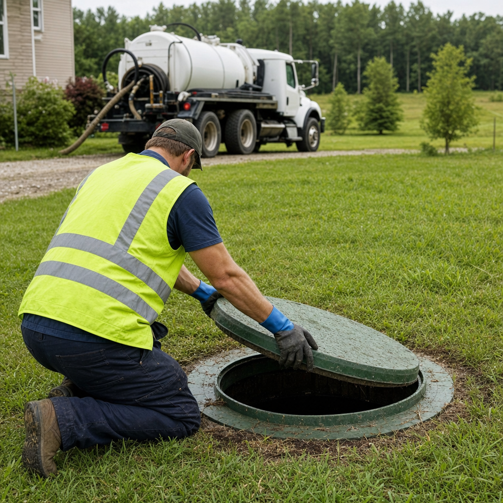 Septic technician kneeling on a Bakersfield lawn, lifting the access lid on a residential septic tank