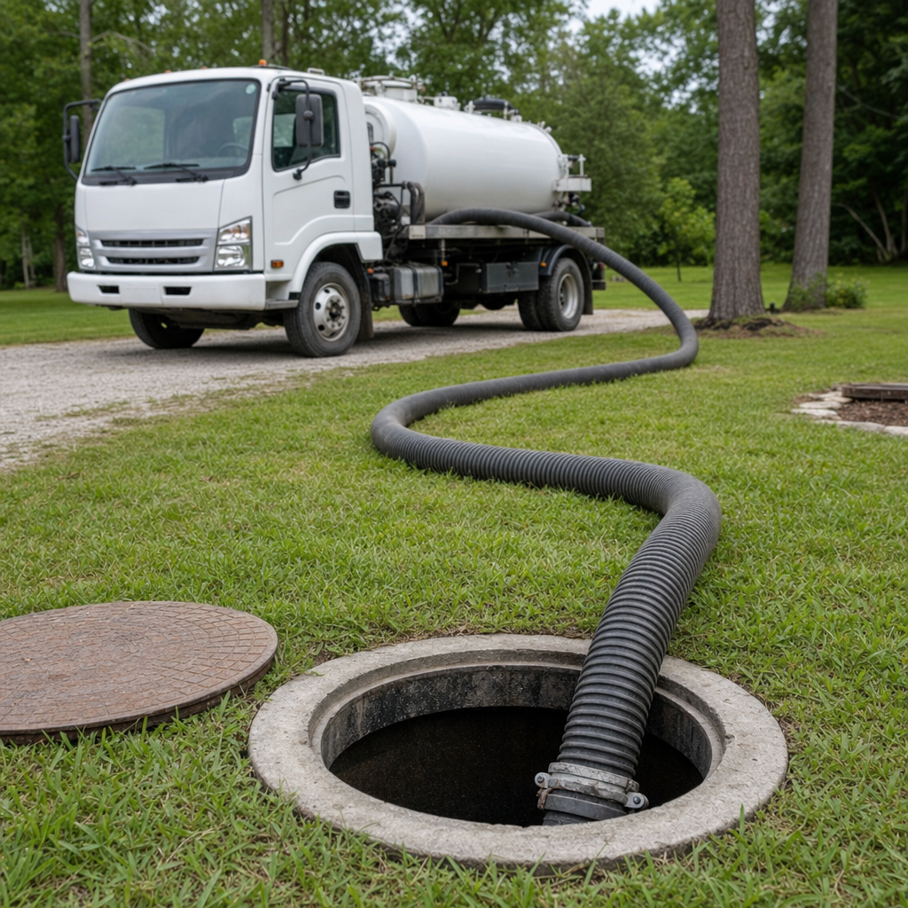 Thick ribbed suction hose lowered into a clean open septic tank port on a tidy Bakersfield backyard lawn