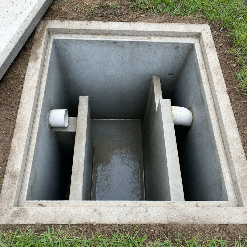 Inspection of the concrete baffles inside an open, emptied and freshly cleaned Bakersfield septic tank