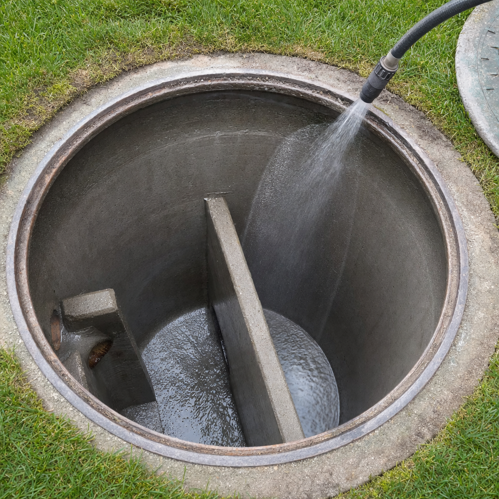 Interior concrete walls of an emptied Bakersfield septic tank being rinsed clean with the truck's onboard water hose
