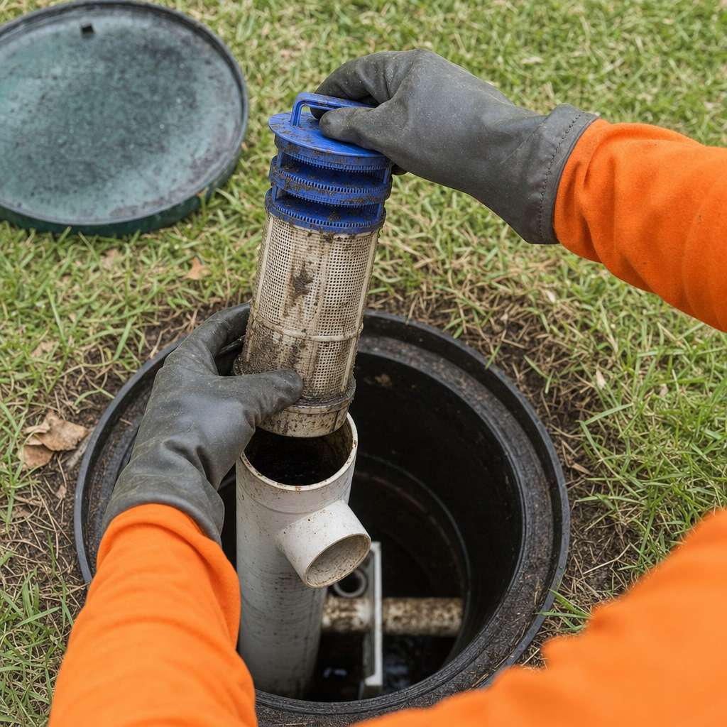 Septic technician's gloved hands lifting the effluent filter cartridge out of the outlet housing on a Bakersfield septic tank