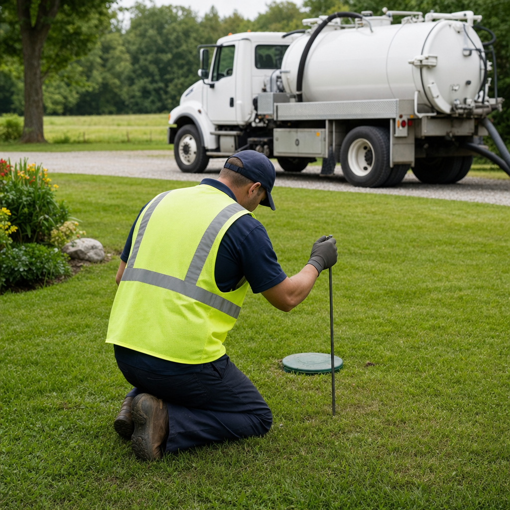 Septic technician kneeling on a Bakersfield lawn, probing to locate and measure the depth of a buried septic tank lid before pumping