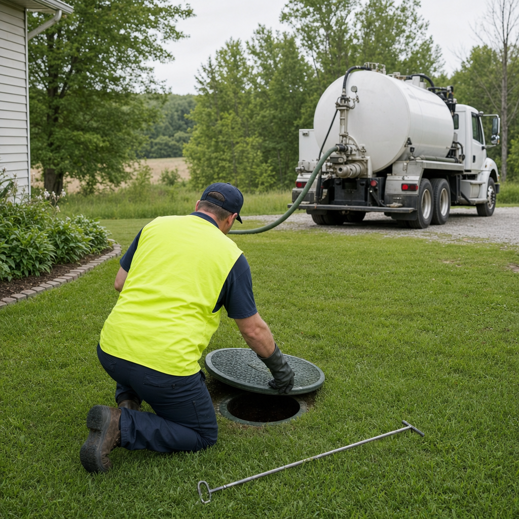 Septic technician kneeling on a Bakersfield lawn, lifting the buried access lid on a residential septic tank