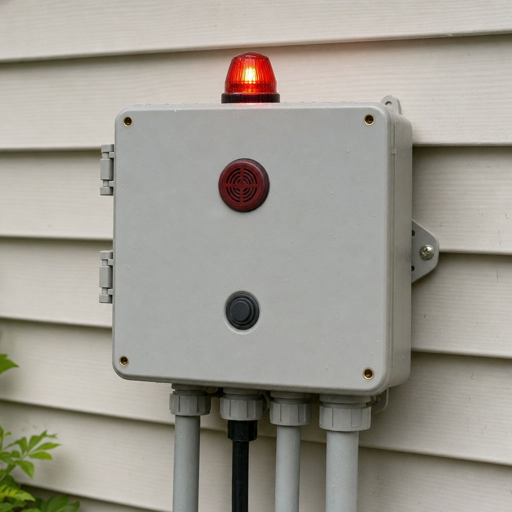 An aerobic septic system control panel mounted outside a Bakersfield home with its red high-water alarm light lit