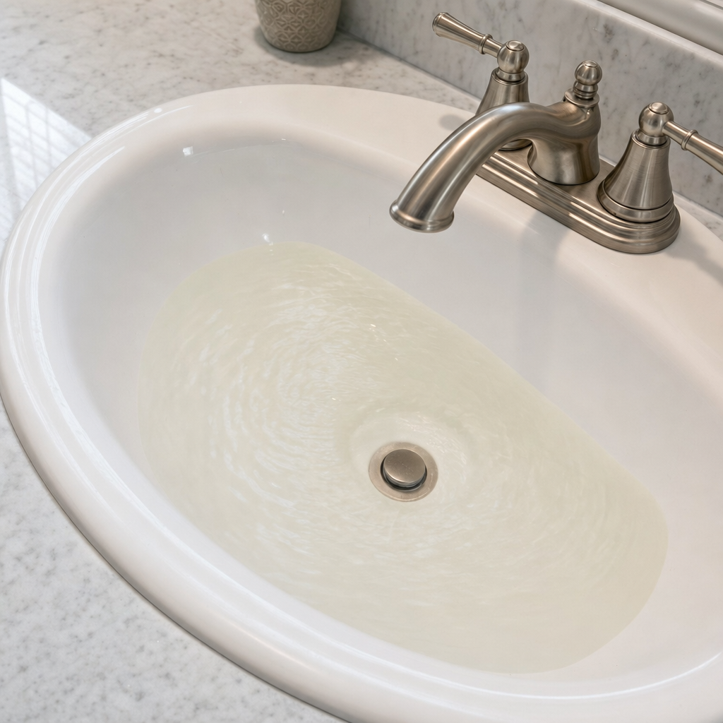A bathroom sink draining slowly with water pooled in the basin, an early warning sign that a Bakersfield septic tank is full